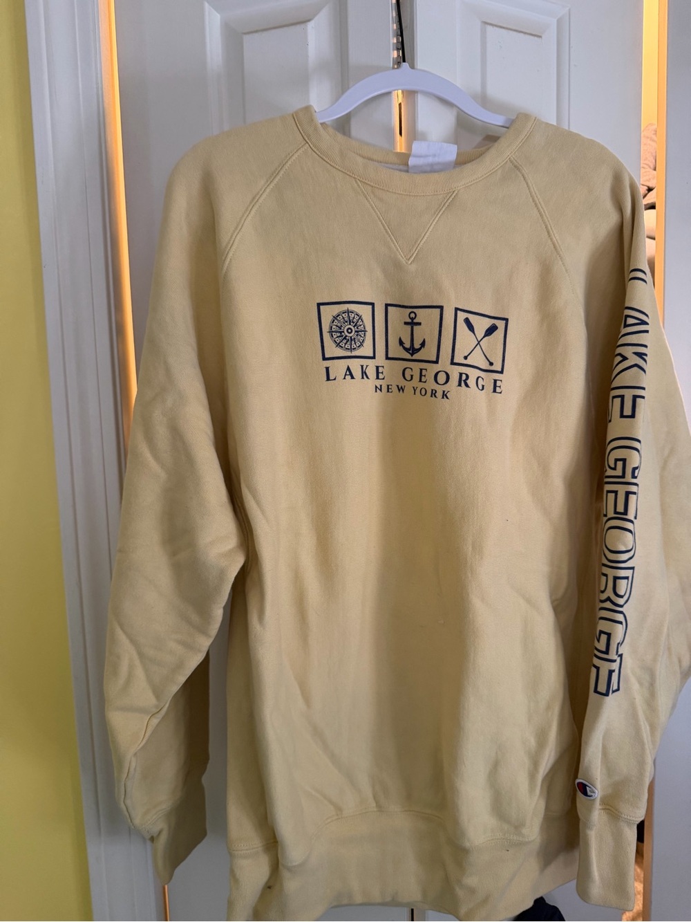 Champion Crewneck Sweatshirt in Pale Yellow with Lake George Print